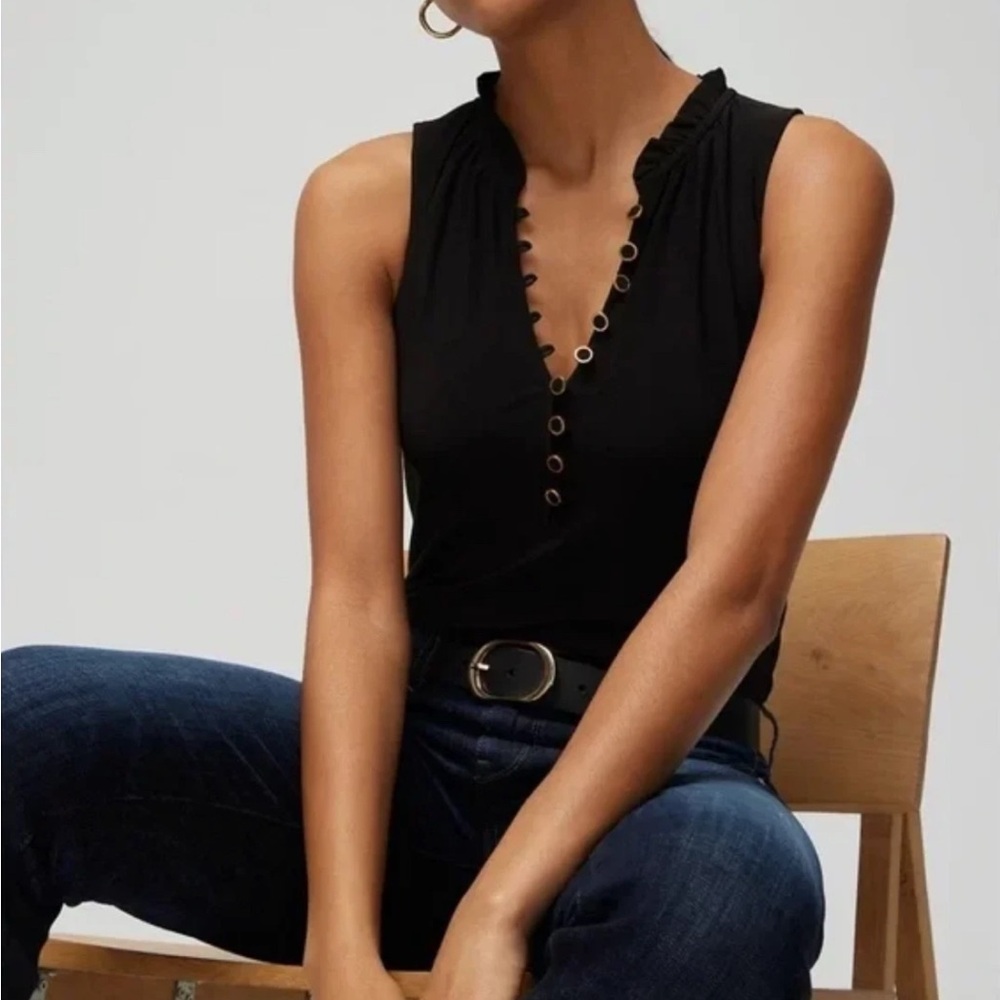 WHBM Button Front Sleeveless Top Tank Ruffle Collar~Size XS 🌻 NWT!